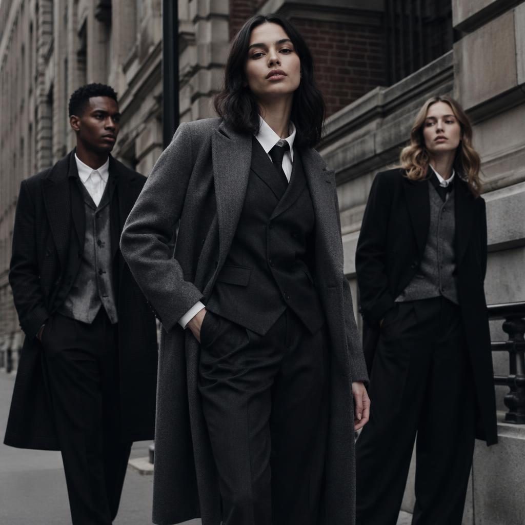 Model in ltd commodities clothing on an urban street, styled in dark academia fashion with a cool gray palette.