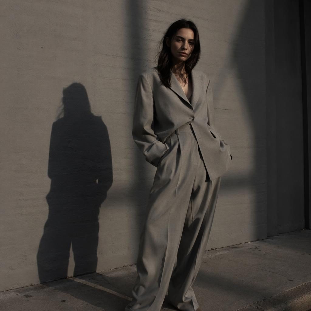 Editorial fashion model on a city street with dramatic shadows, cool gray tones, minimalist styling, and a candid pose.