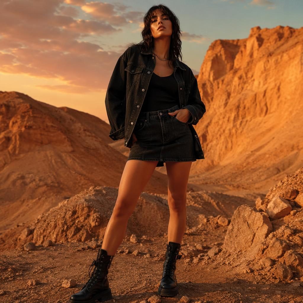 Modèle en tenue catalogue vilona dans le désert au coucher du soleil, ambiance sombre, pose naturelle, style grunge