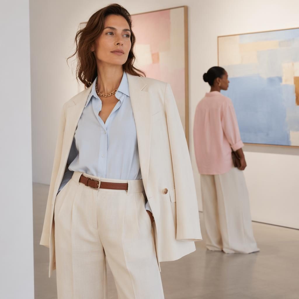 Modelo genérica en galería de arte con look editorial, pose natural, energía alta y paleta pastel romántica