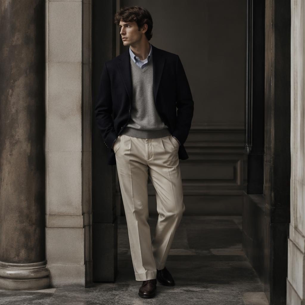 Editorial fashion photo of a model wearing blair catalog men's pants at an architectural building in cool gray light.