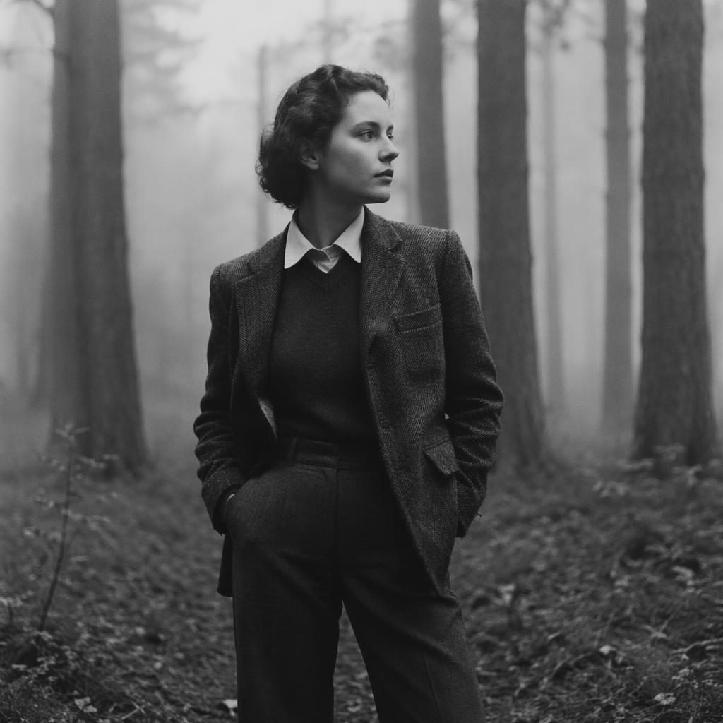 Modèle générique en lookbook mode noir et blanc dans une forêt, pose naturelle, ambiance douce et rêveuse preppy old money.