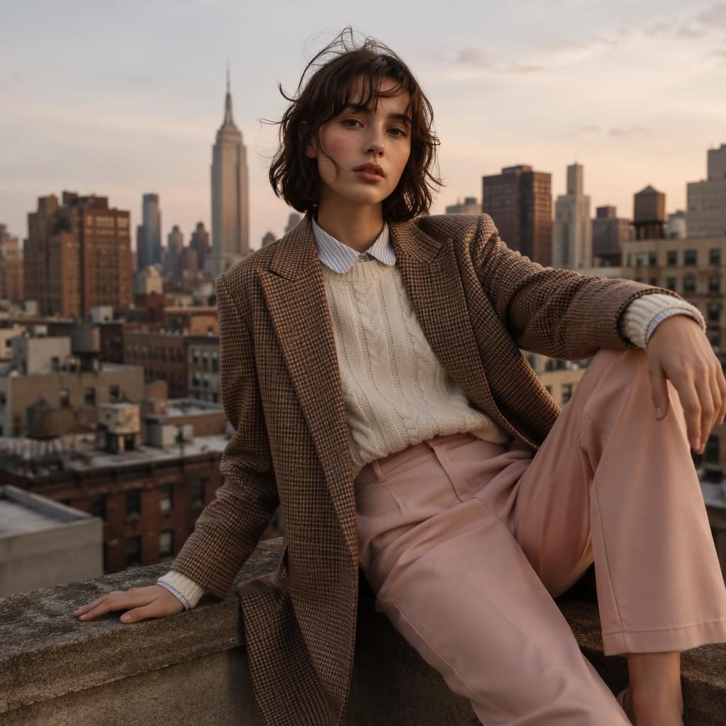 Editorial fashion model on a city rooftop in a pastel dark academia look, captured in a playful candid pose.
