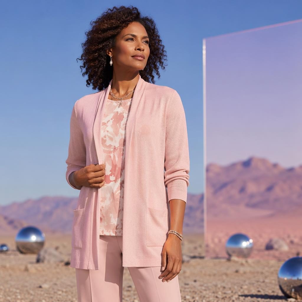 Model in a pastel futurist outfit posing in a desert landscape with bold styling and magazine-quality lighting.