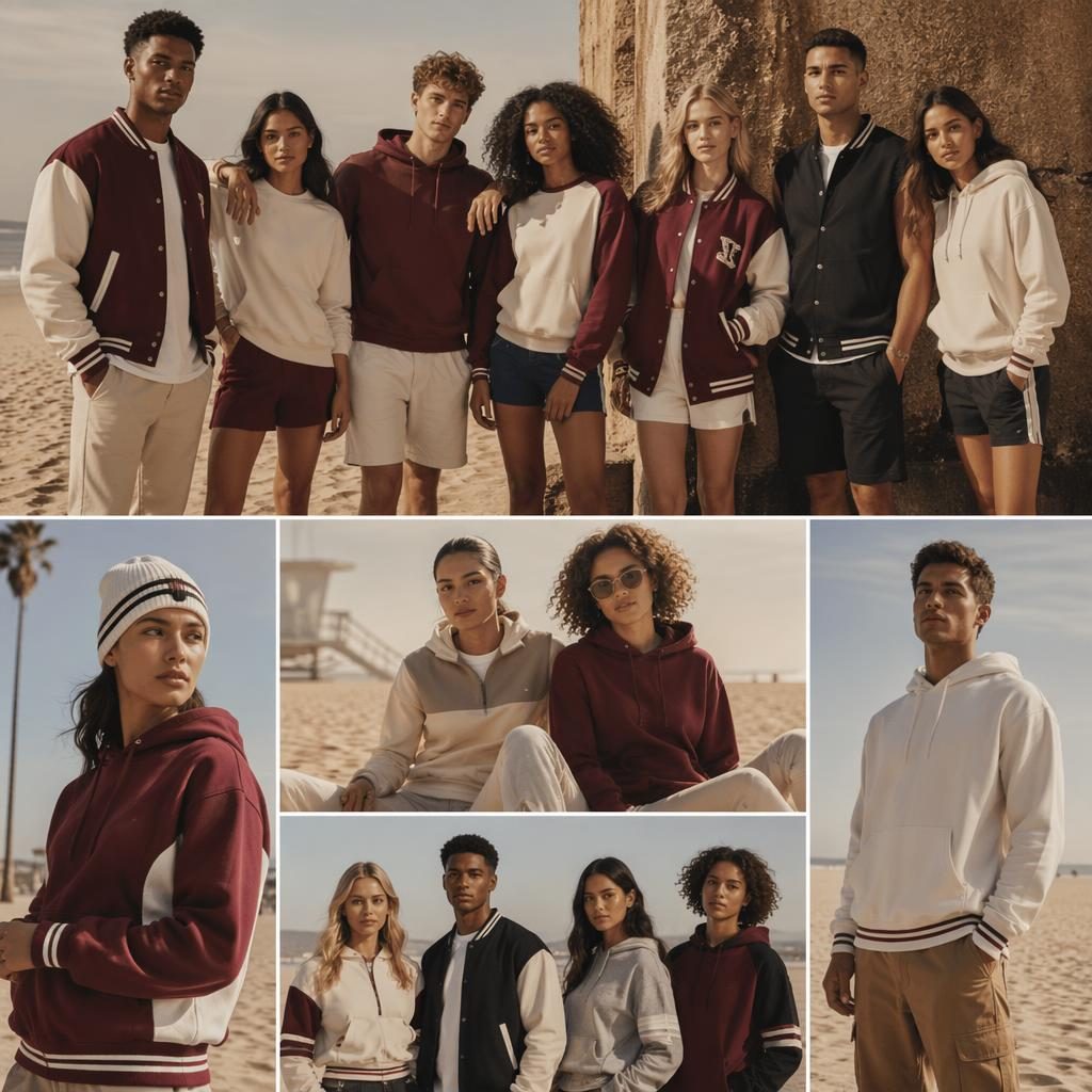Model in varsity-inspired spirit wear posing on a beach in warm earth tones with bold urban streetwear styling