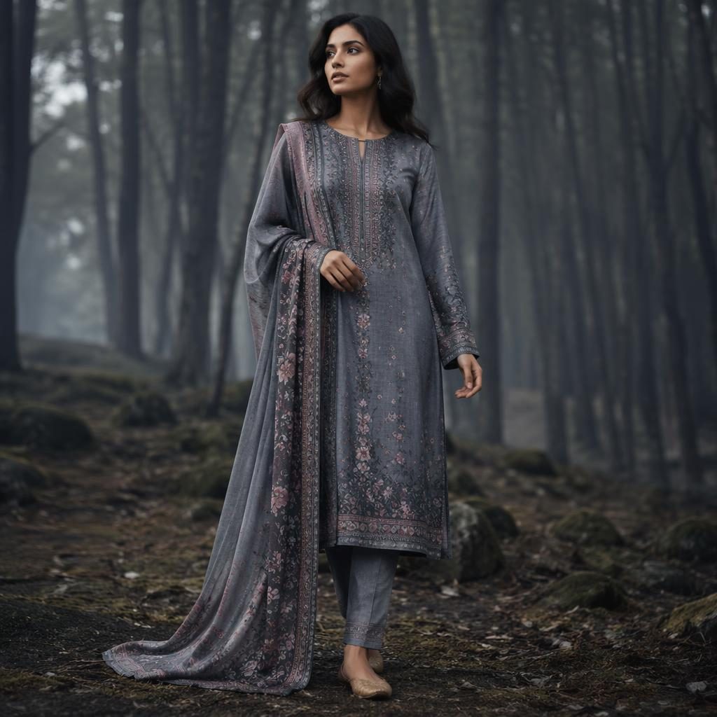 Model in belliza winter suits posing in a dark forest with cool gray tones and minimalist editorial styling.