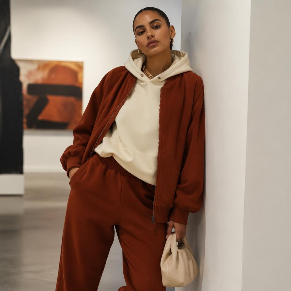 Modèle en tenue streetwear urbaine dans une galerie d’art, pose naturelle, lumière éditoriale, palette automnale rouille