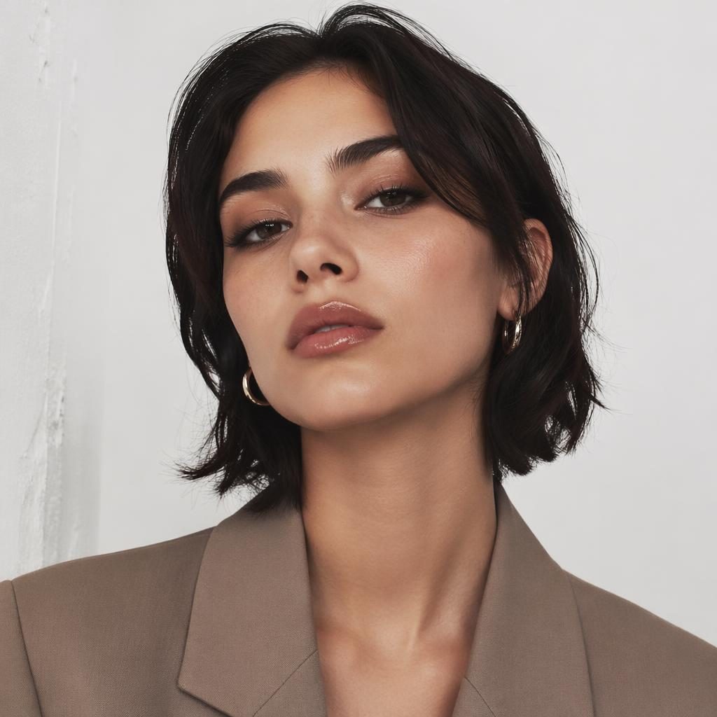 Editorial fashion headshot of a generic model in muted neutrals against a minimalist white background