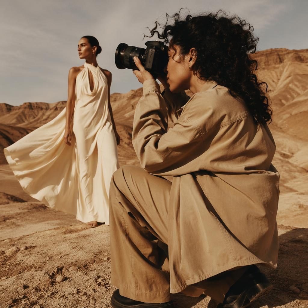 Editorial fashion model in a desert wearing a high-fashion look, posed naturally in warm earth tones with quiet mood lighting.