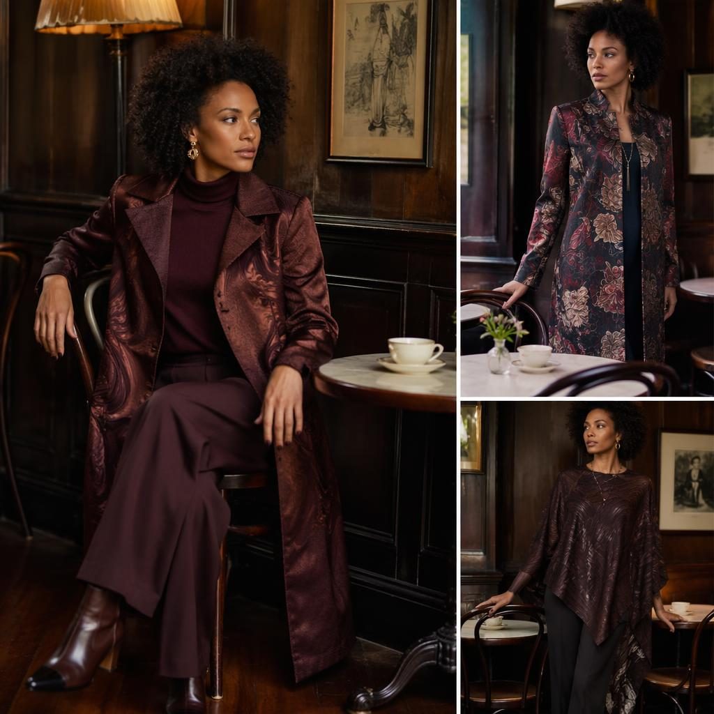 Editorial fashion model in an ashro catalog look inside a vintage cafe, with dark academia styling and bold lighting.