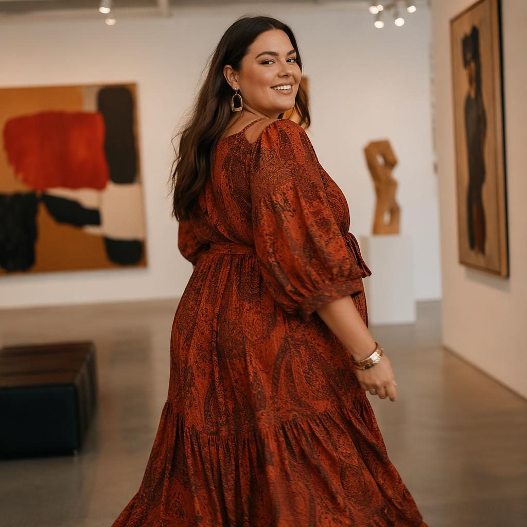 Editorial fashion portrait of a generic model in a flowy bohemian outfit at an art gallery with autumn rust tones.