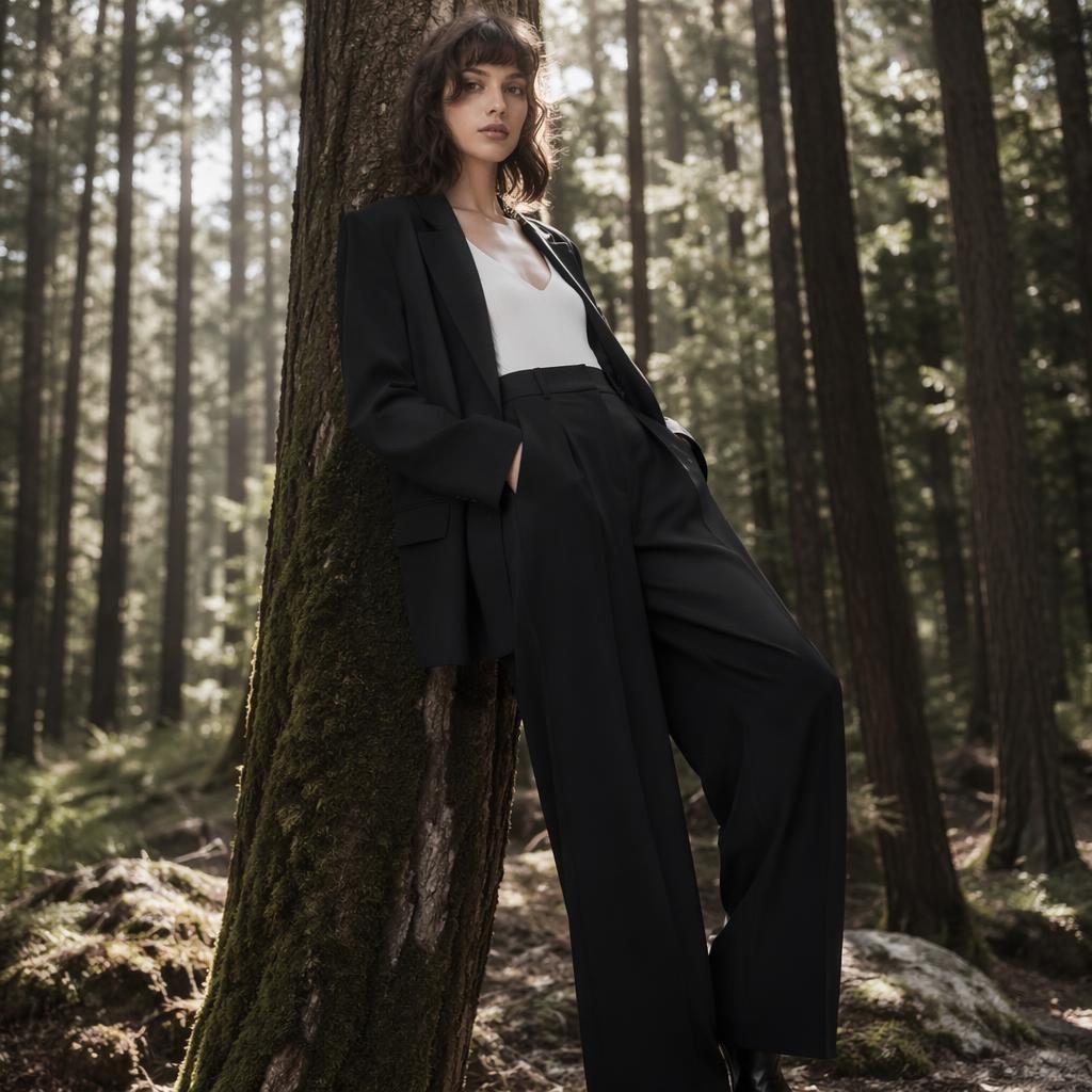 Modèle femme en tenue lookbook, posant naturellement en forêt, photo éditoriale minimaliste en noir et blanc.