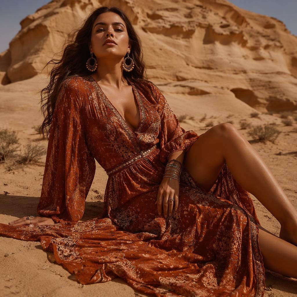 Editorial fashion model in a flowy bohemian outfit posing in a desert with autumn rust tones and bold magazine lighting