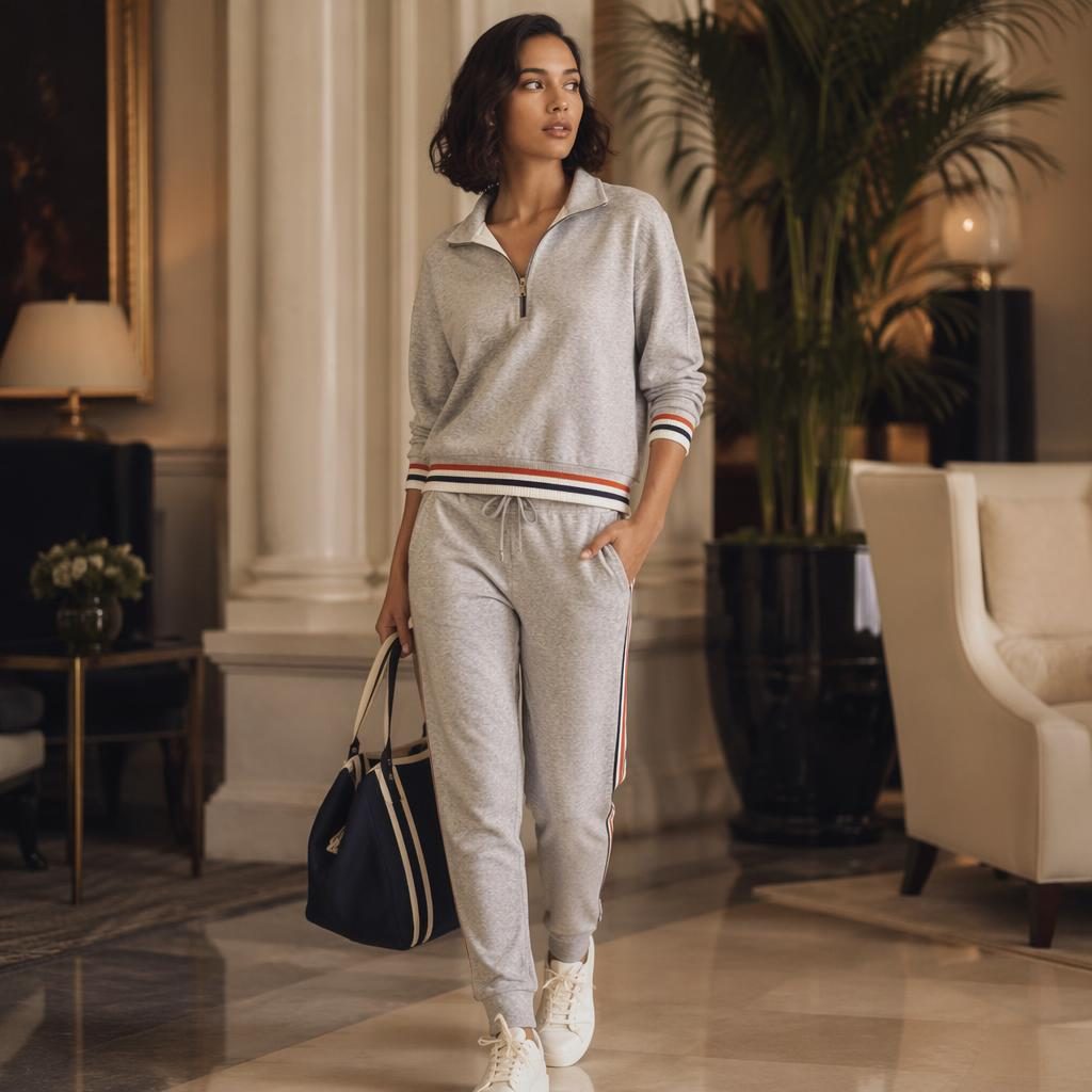Editorial fashion model in muted neutral sportswear posing naturally in a luxury hotel lobby with soft dreamy lighting.