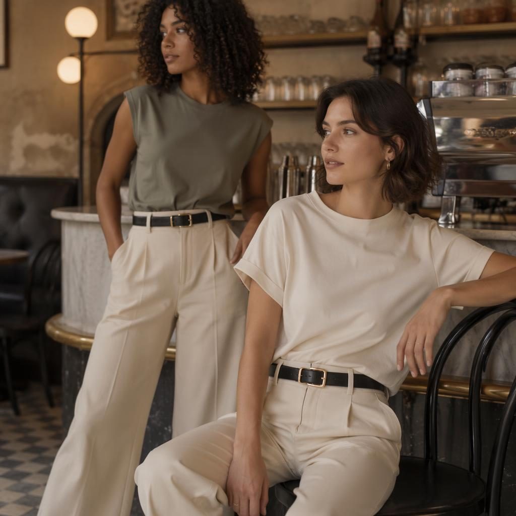 Model in catalog tops posing candidly inside a vintage cafe with muted neutral tones and futurist editorial styling.