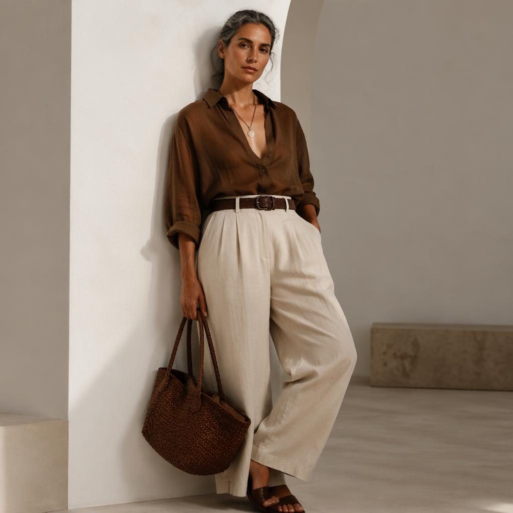 Modelo genérica en pose natural con look editorial, fondo blanco minimalista, luz de revista y paleta tierra cálida