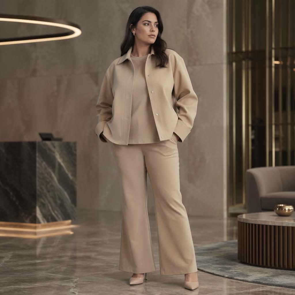 Editorial fashion model in newport news spiegel clothing posing naturally in a luxury hotel lobby with muted neutral tones.