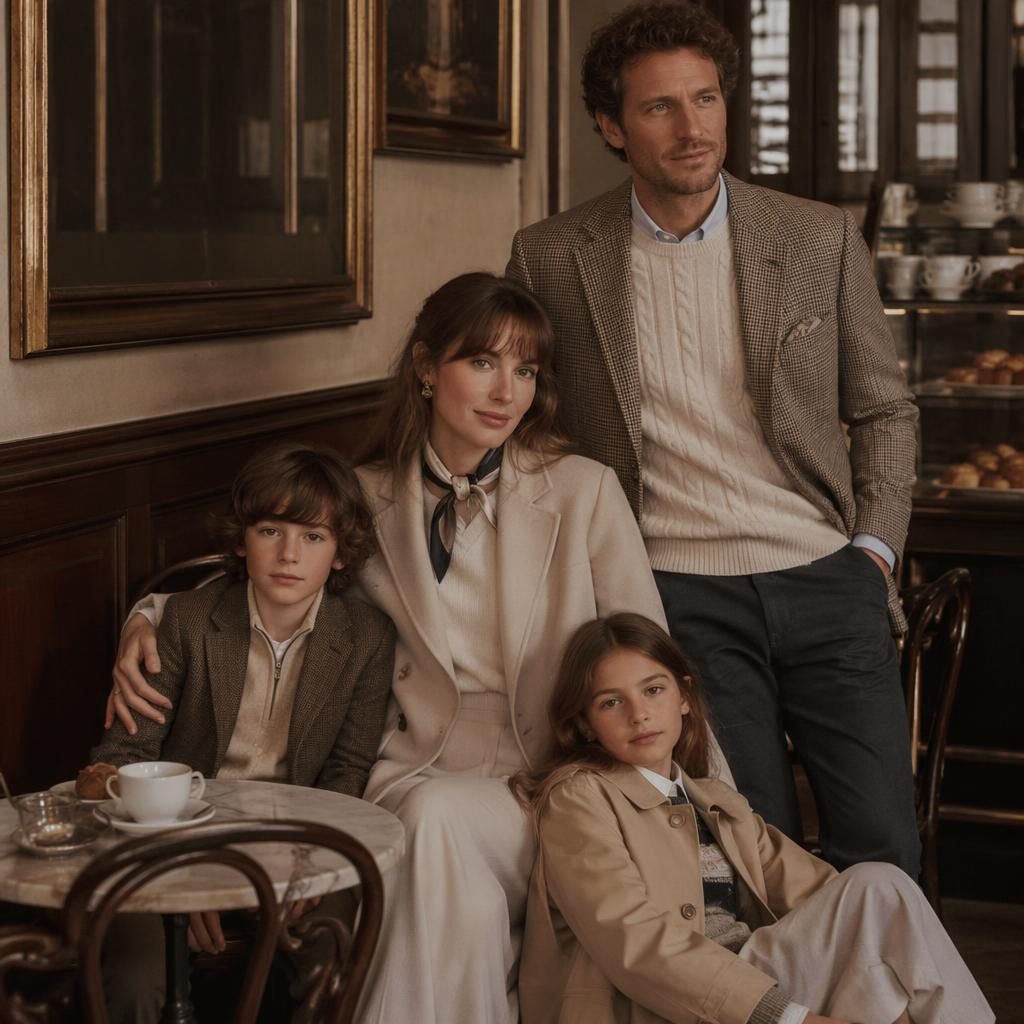 Editorial fashion lookbook scene of a stylish family in muted preppy outfits posing naturally in a vintage cafe.