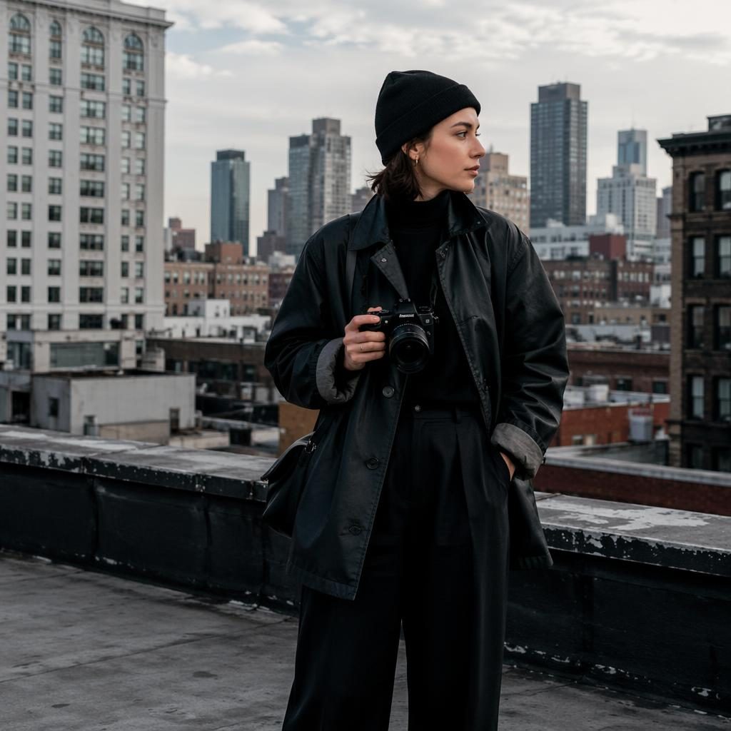 Editorial fashion model in streetwear on a city rooftop, soft dreamy mood, bold high-contrast lighting, natural pose