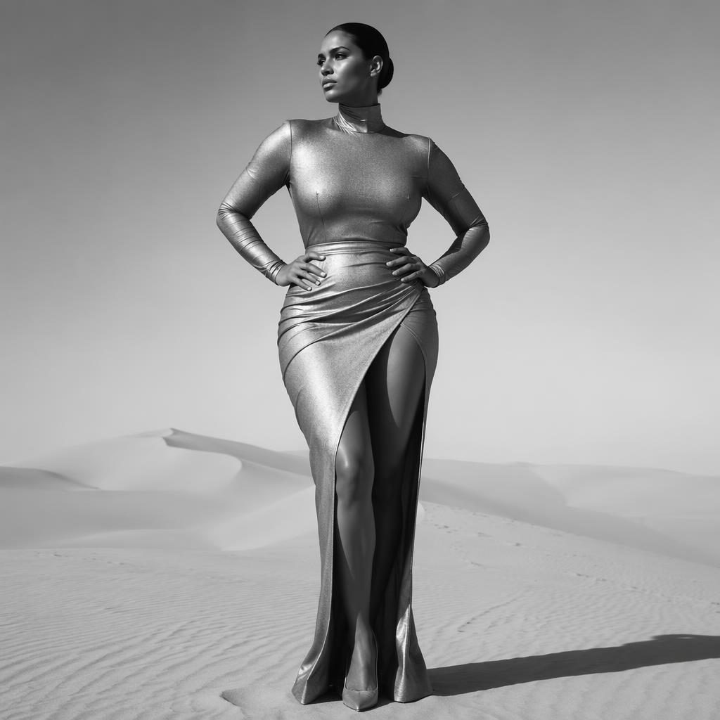 Black and white editorial fashion portrait of a model in a futurist outfit standing in a dreamy desert landscape.