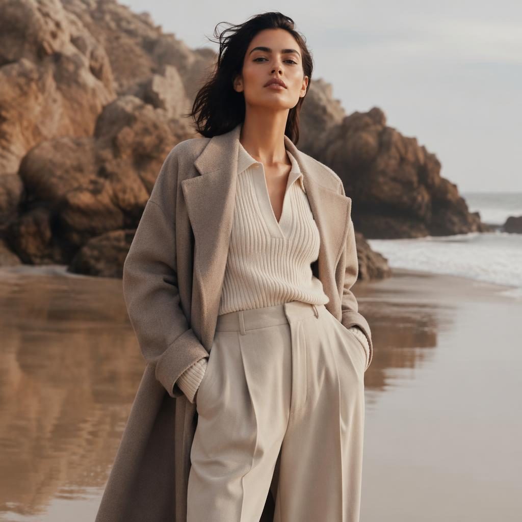 Model in a high fashion runway outfit posing on a beach in muted neutral tones with cool editorial lighting