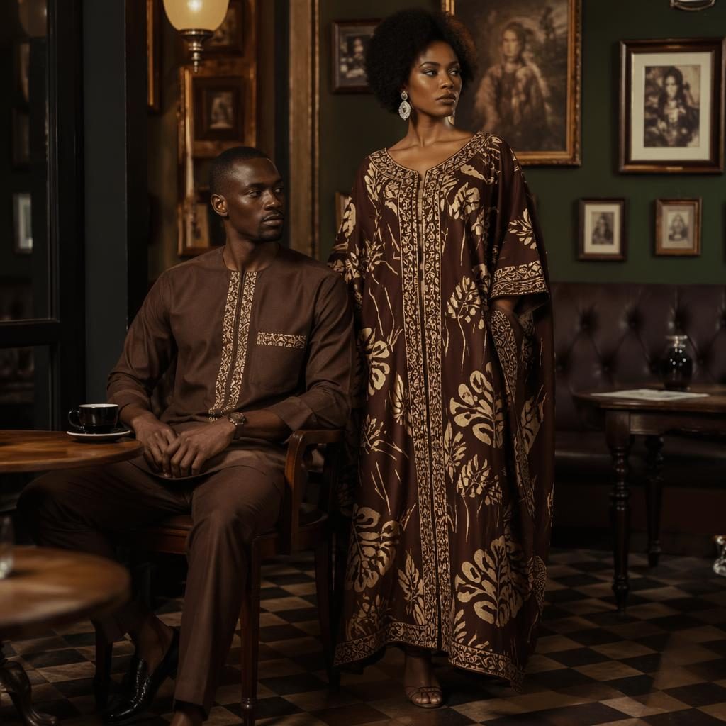 Editorial fashion model in African attire posing naturally in a vintage cafe with dark academia styling and warm earth tones.