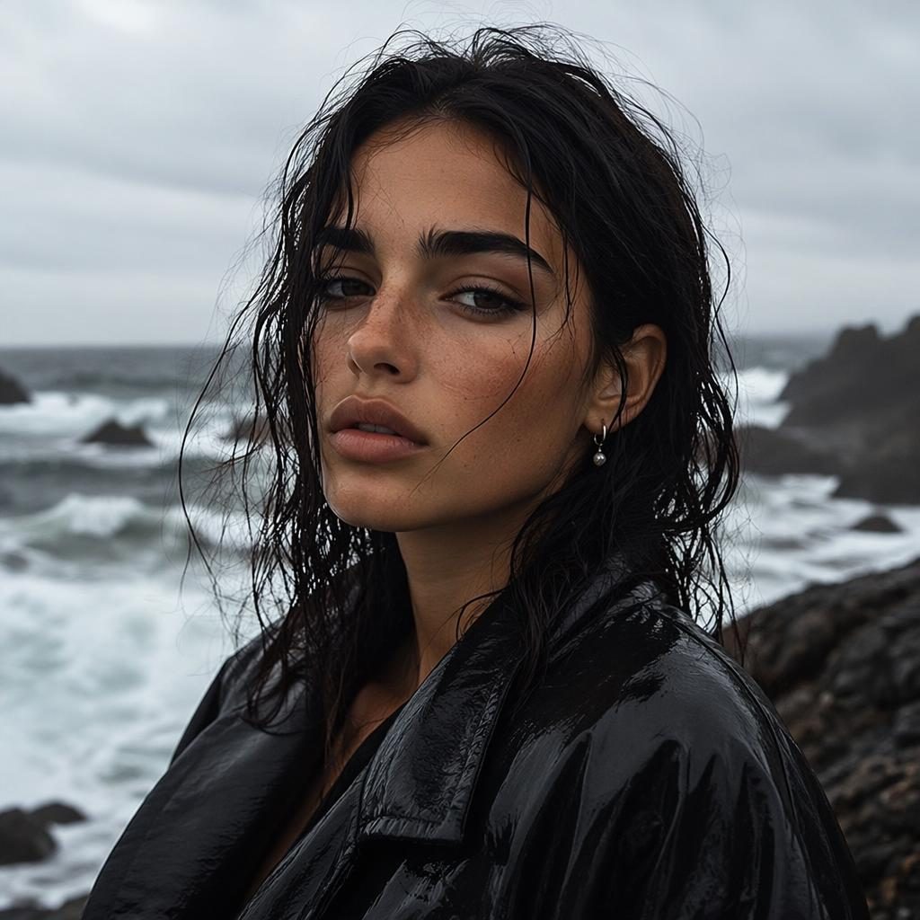 Fashion headshot of a model on a beach with a grunge edgy look, dark moody lighting, and bold high-contrast tones.