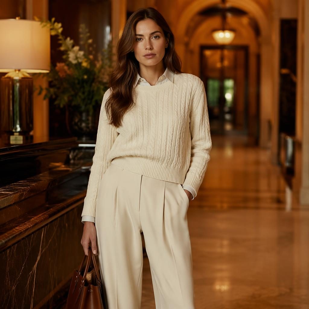 Editorial fashion model in a preppy old-money outfit posing naturally in a luxury hotel lobby with warm sunset light.