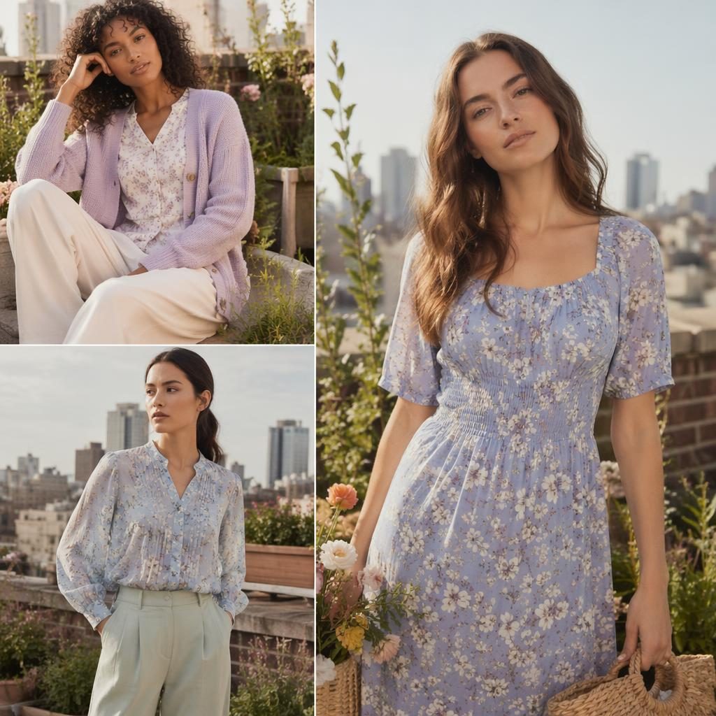 Editorial fashion model in a pastel cottagecore outfit on a city rooftop, posed naturally in soft magazine lighting.