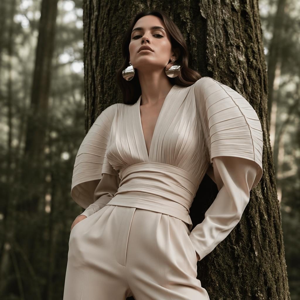 Editorial fashion model in a muted neutral outfit posing naturally in a futuristic forest with luxurious magazine lighting.
