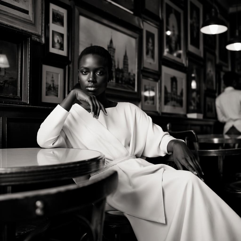 Black and white editorial fashion lookbook portrait of a generic model in a vintage cafe with luxe runway styling