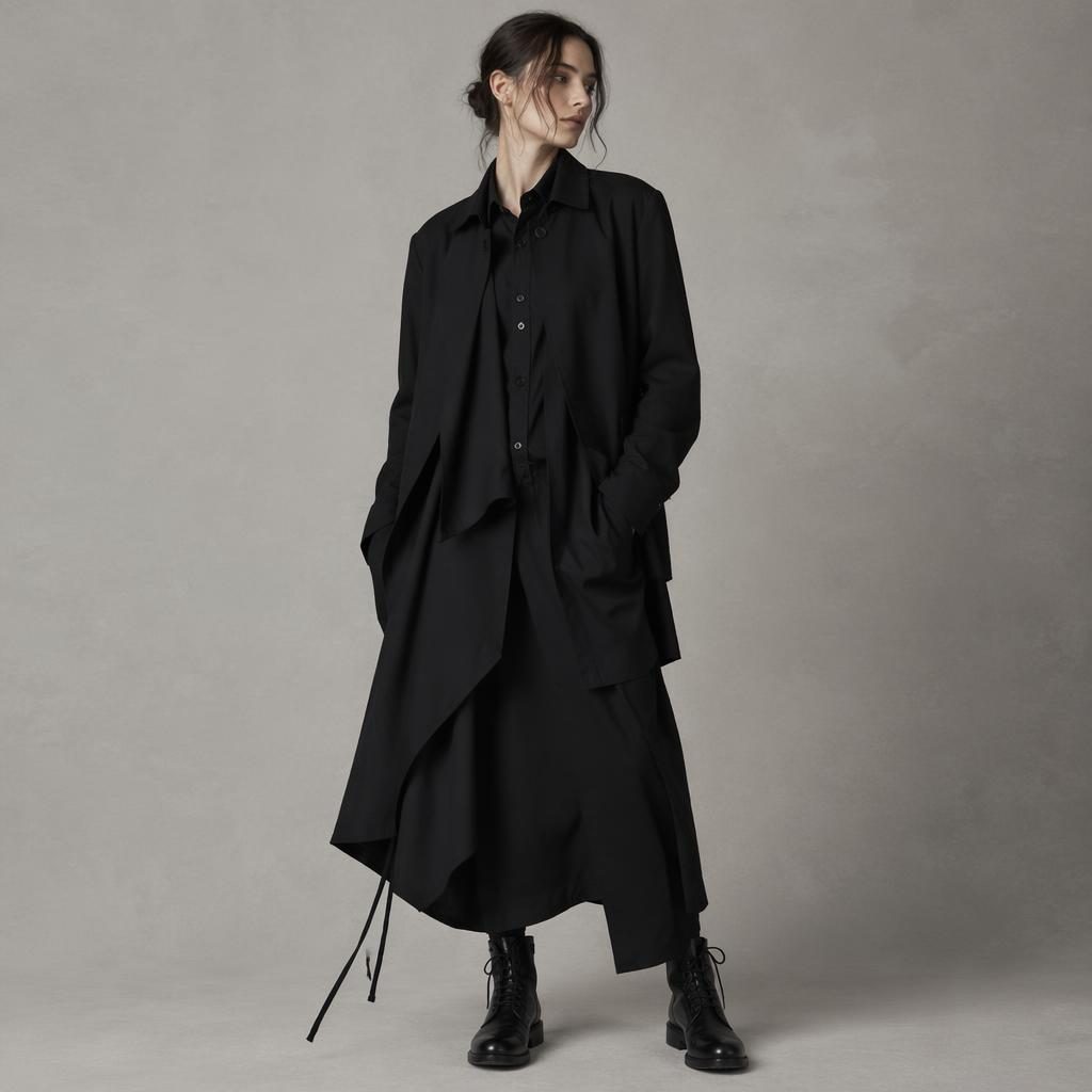 Black and white studio fashion portrait of a model in an avant-garde layered look with a relaxed editorial pose