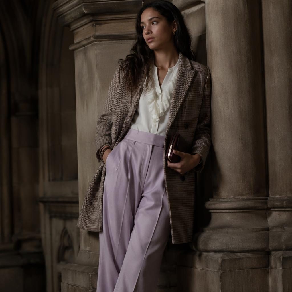Fashion model in a dark academia outfit posing in a moody architectural building with soft pastel tones and editorial lighting.