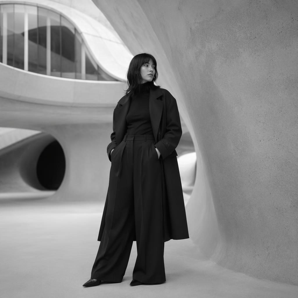 Editorial fashion model in a futurist outfit posing naturally inside an architectural building, shot in dreamy black and white.