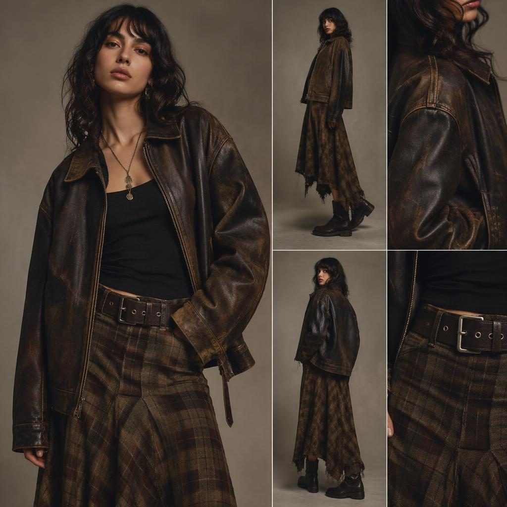 Editorial fashion model in a neutral studio wearing a grunge edgy outfit, posed naturally in dark moody warm earth tones.