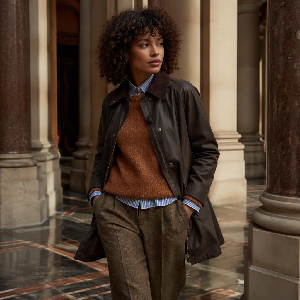 Editorial fashion model in a Barbour-inspired lookbook outfit posed at a modern architectural building in warm autumn rust tones.