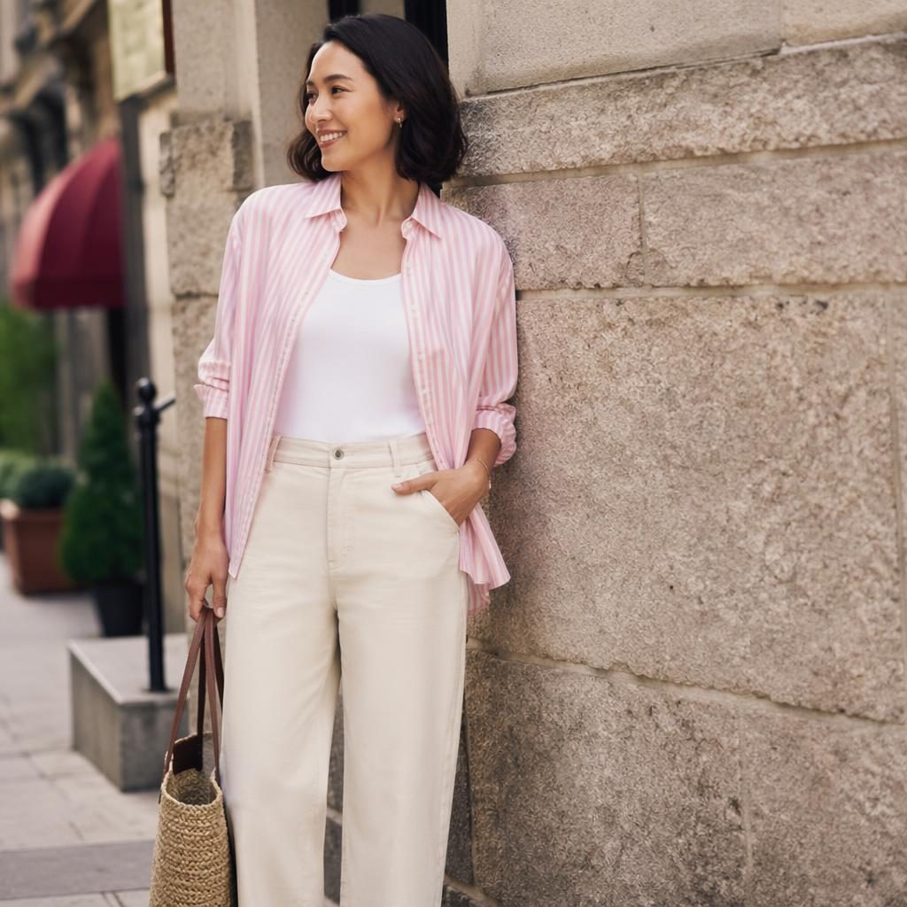 Model in a pastel romantic outfit for the gap petites posing on an urban street with bold editorial fashion lighting