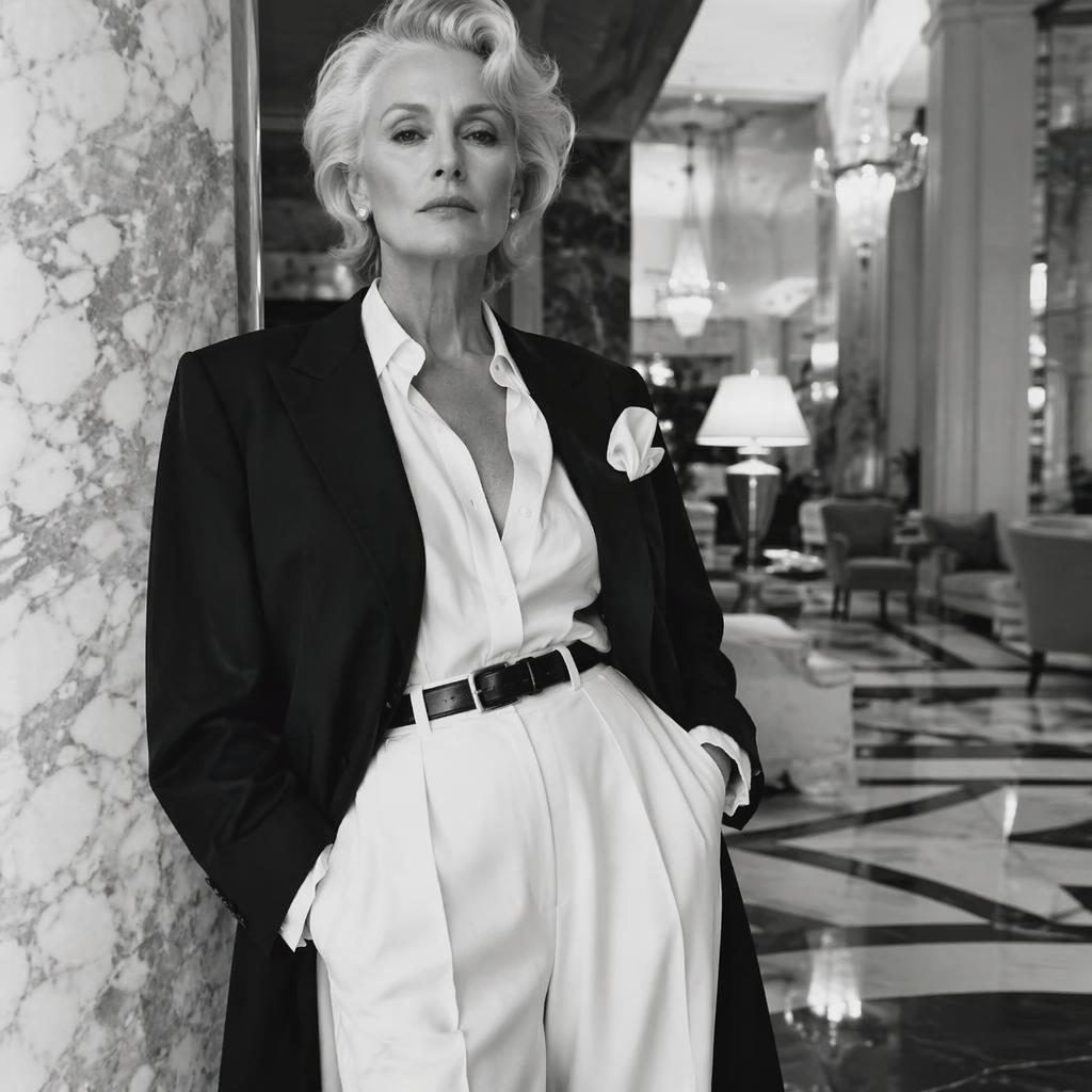 Black and white editorial fashion model in a luxury hotel lobby, bold pose, coastal grandmother styling, magazine lighting.
