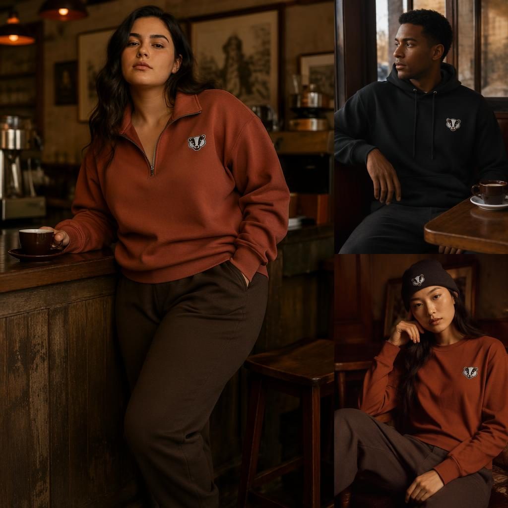 Model in badger sportswear catalog outfit posing naturally in a vintage cafe with moody lighting and autumn rust tones