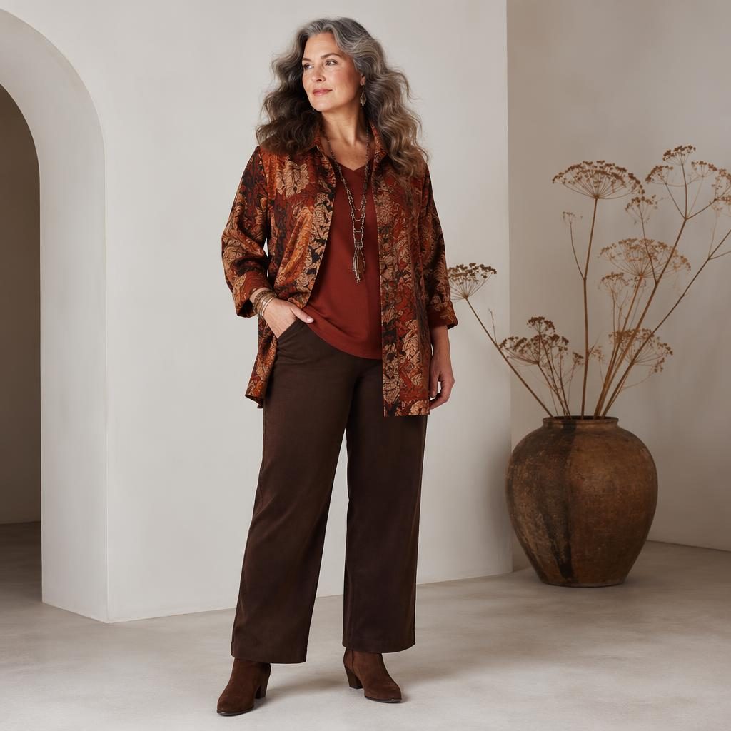 Editorial fashion model in a cottagecore outfit in a minimalist white studio with dark moody lighting and autumn rust tones.