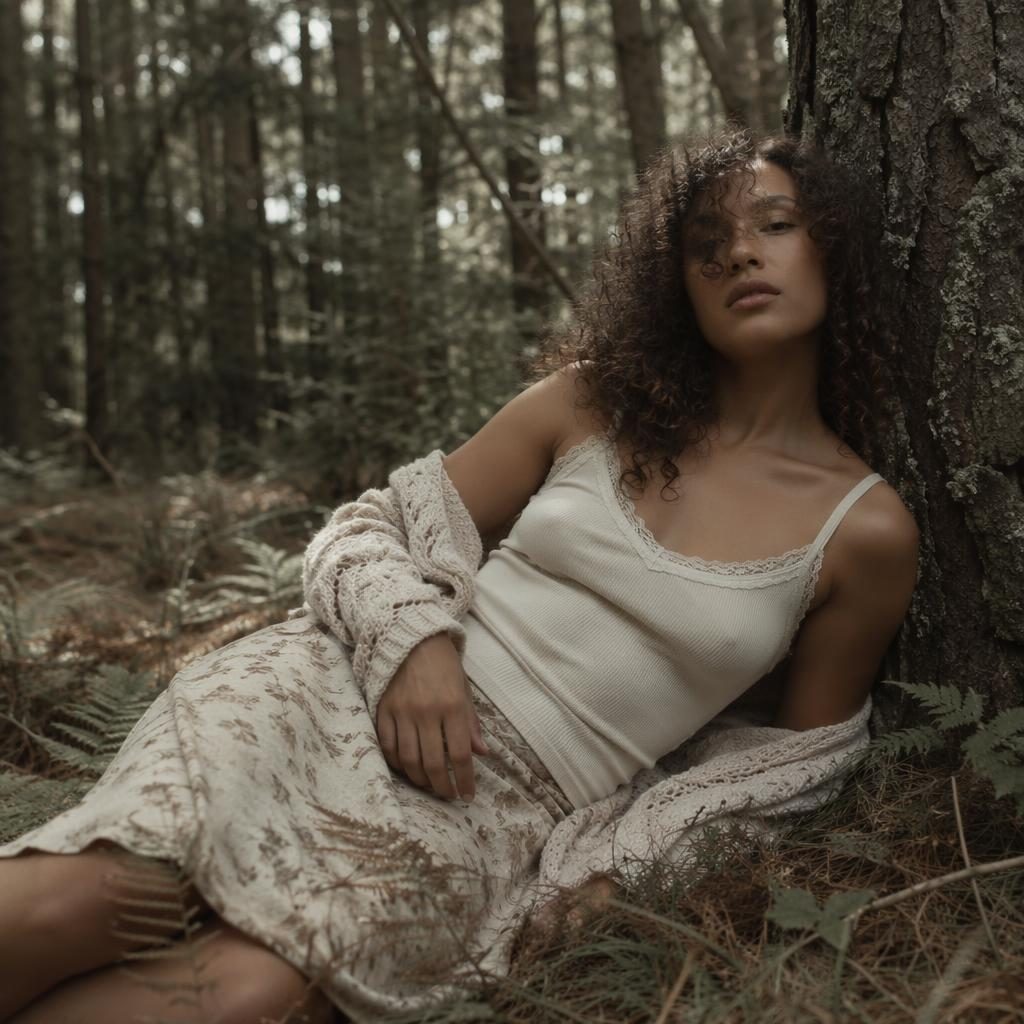 Editorial fashion model in muted neutral outfit posing naturally in a quiet forest with soft magazine-style lighting