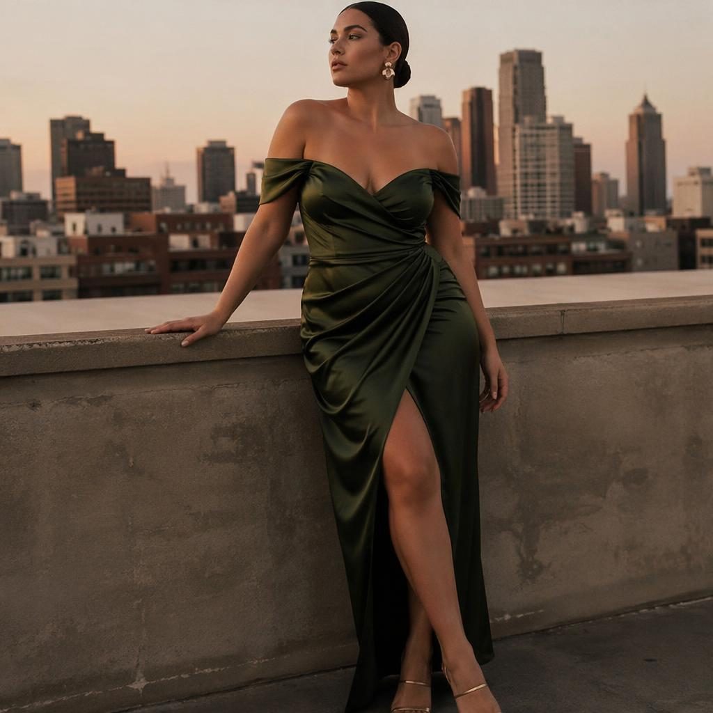 Model in elegant special occasion dresses on a rooftop with a dark moody city backdrop and warm earth tones.