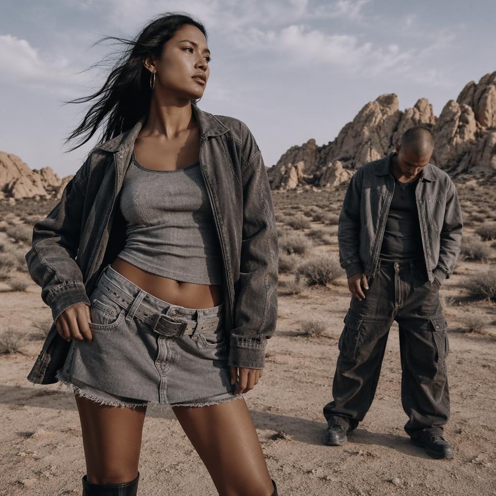 Editorial fashion model in a diesel lookbook outfit posing in a desert with cool gray tones and bold streetwear styling