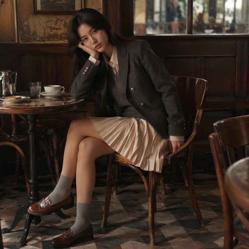 Editorial fashion model in a muted neutral outfit posed naturally inside a vintage cafe with dreamy soft lighting.