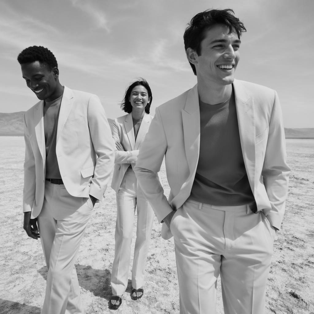 Black and white editorial fashion photo of a generic model in a futurist desert lookbook with a playful candid pose