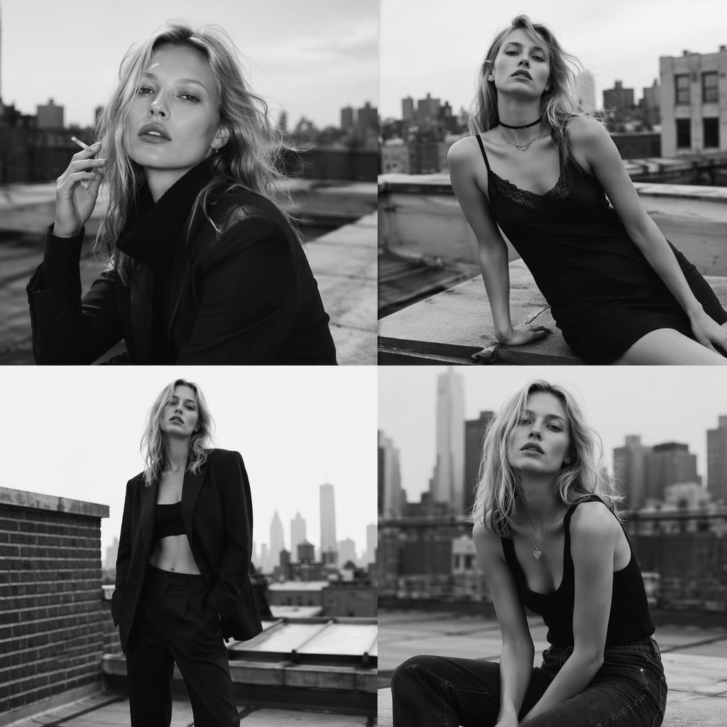 Black and white editorial fashion photo of a generic model on a city rooftop in a confident natural pose, Y2K lookbook style.