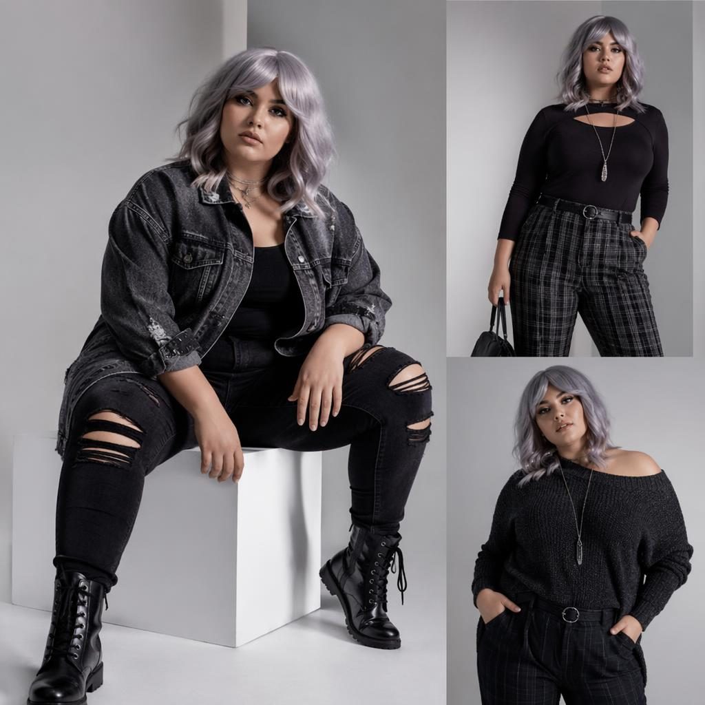 Editorial fashion model in grunge edgy apparel, accessories, and wig in minimalist white space with dark moody gray lighting.