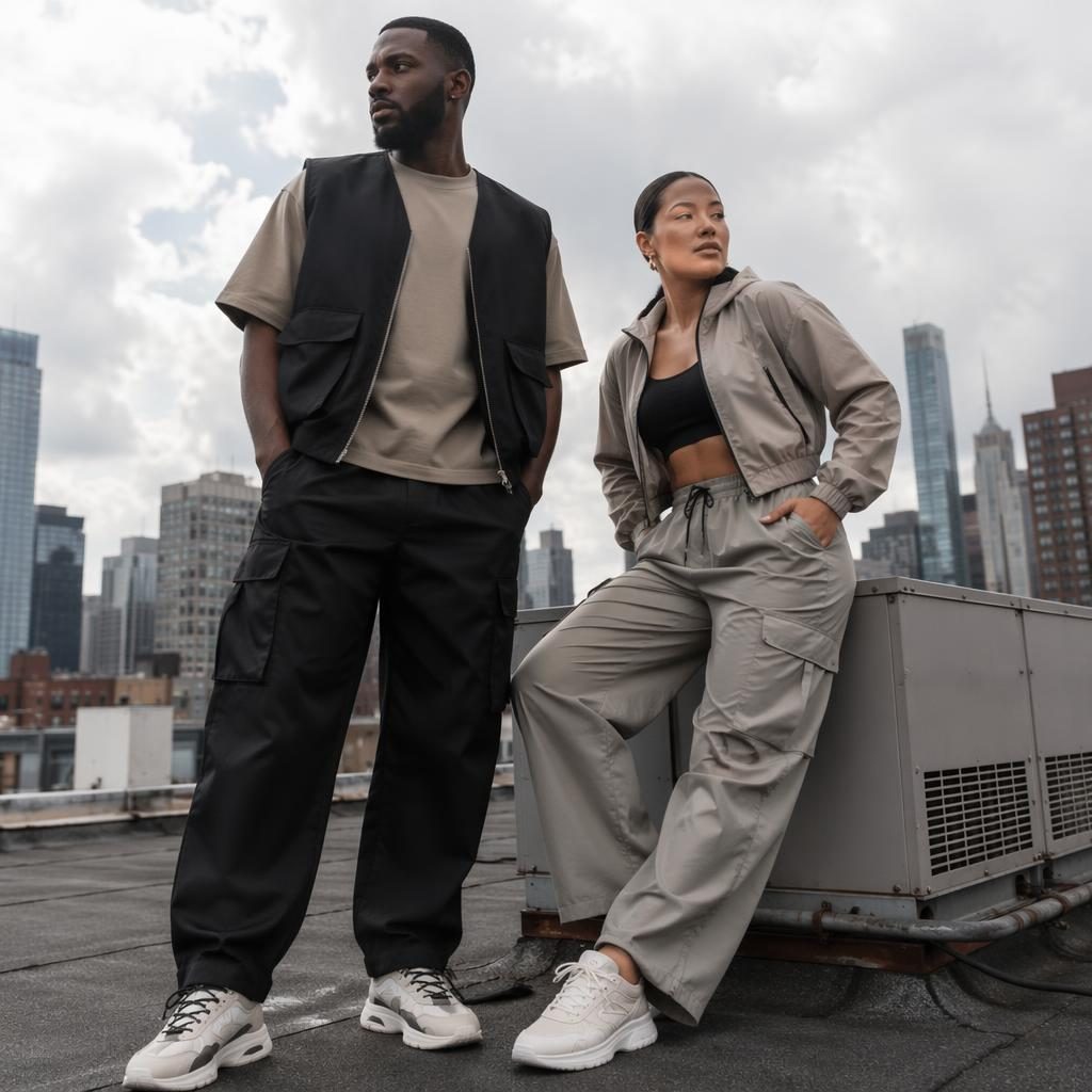 Editorial fashion model in muted neutral streetwear posing naturally on a city rooftop with bold urban energy.