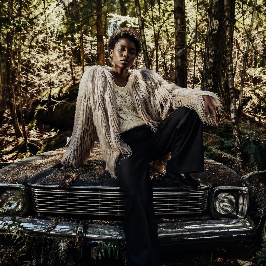 Editorial fashion model in a forest wearing a grunge edgy look with bold high-contrast lighting and a luxurious mood.