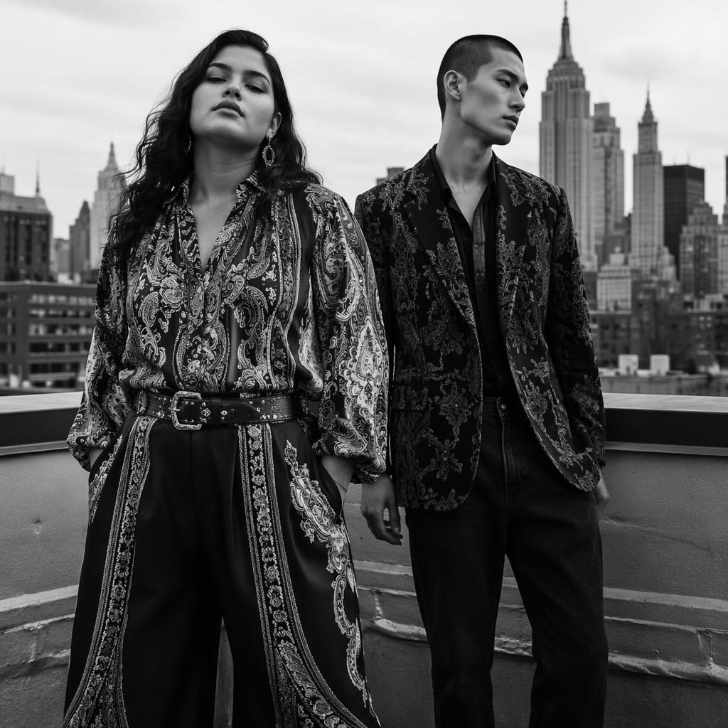 Black and white fashion lookbook photo of a model on a city rooftop in a bold high-energy editorial pose.